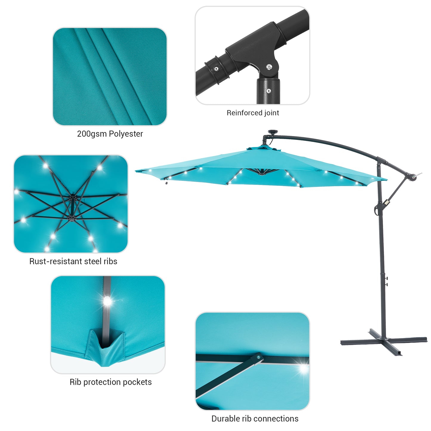 10 FT Solar-Powered LED Lights Patio Banana Umbrella