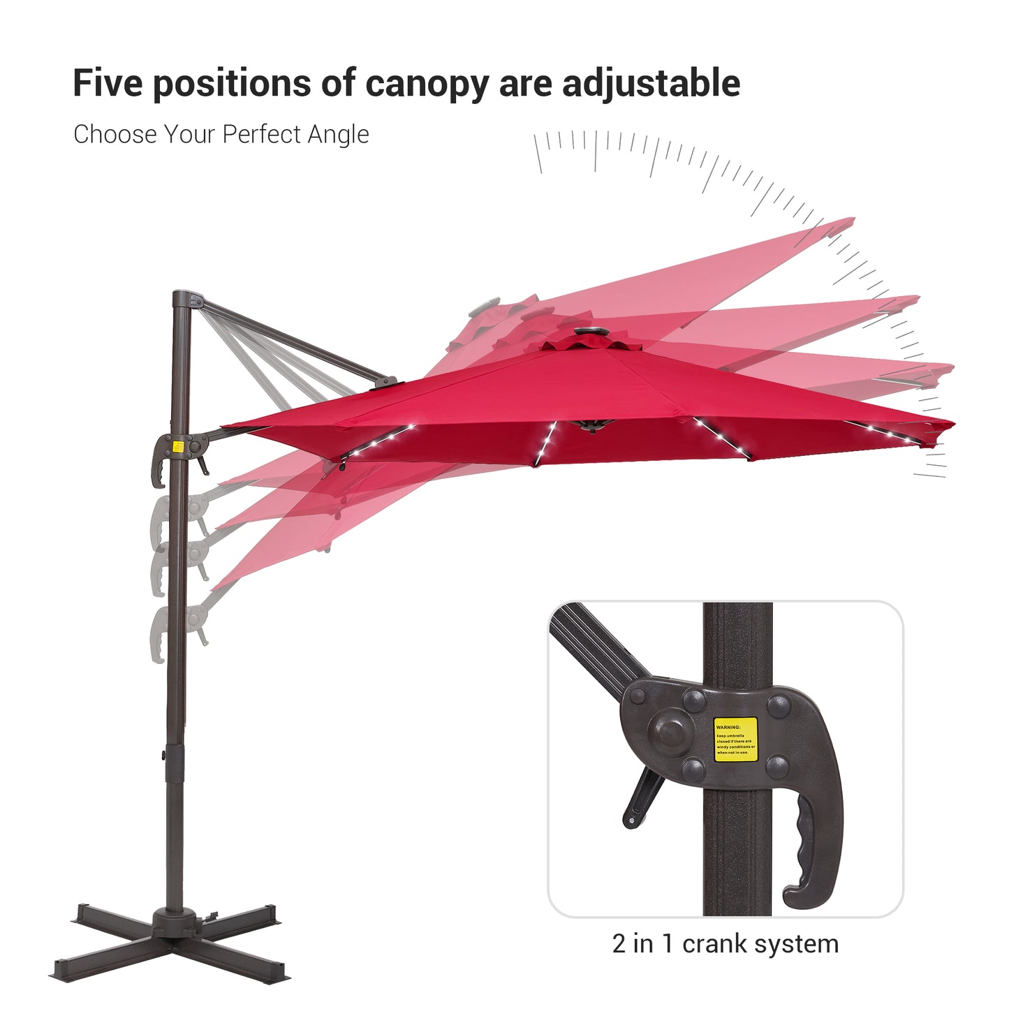 10 FT Solar-Powered LED Lights Patio Cantilever Umbrella