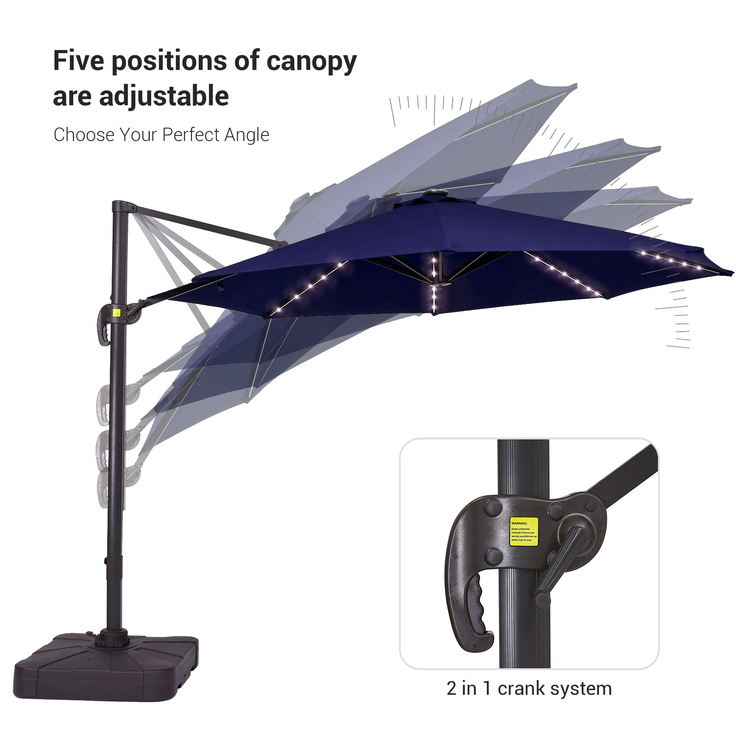 11 FT Solar-Powered LED Lights Patio Cantilever Umbrella